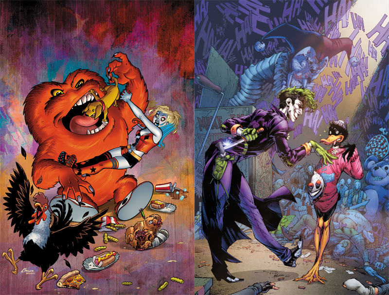 Full cover art for Harley Quinn/Gossamer and The Joker/Daffy Duck.